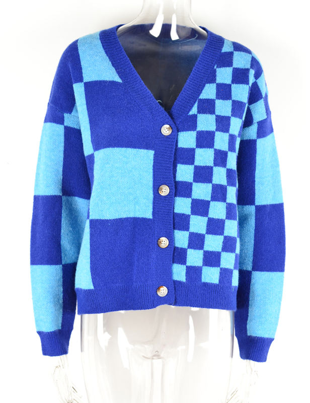 Blue Checkered Print Knit Button Cardigan