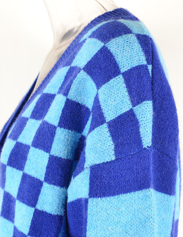 Blue Checkered Print Knit Button Cardigan