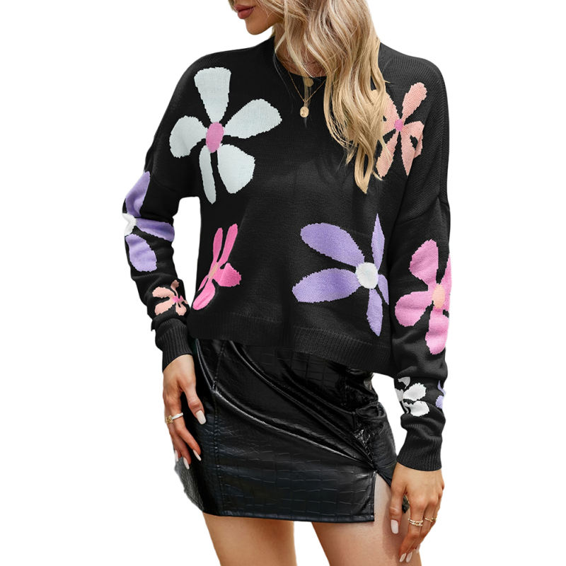 Black Sweet Floral Pullover Knit Sweater