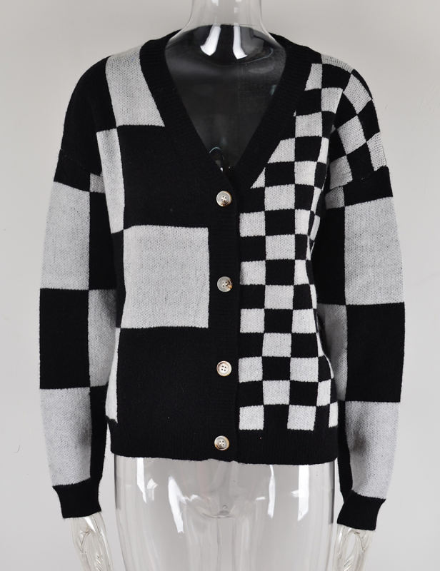 Black Checkered Print Knit Button Cardigan