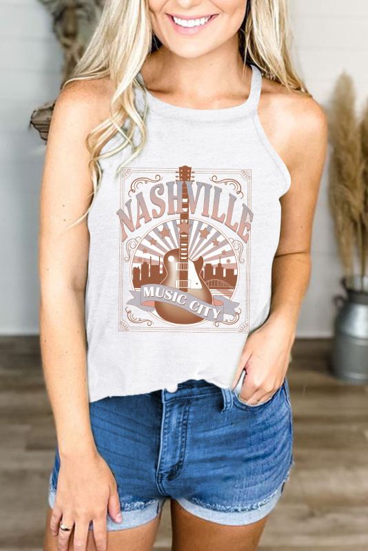 White NASHVILLE MUSIC CITY Guitar Graphic Tank Top