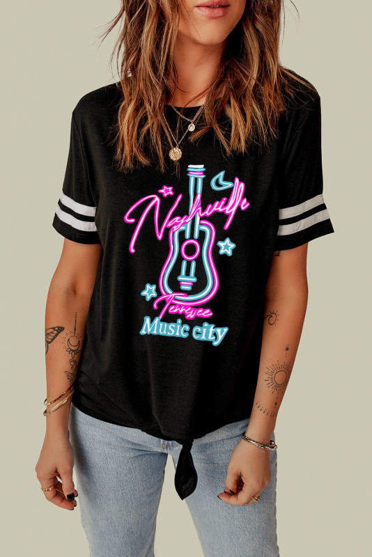 Black Mommy and Me Music City Guitar Print Striped Sleeve T Shirt