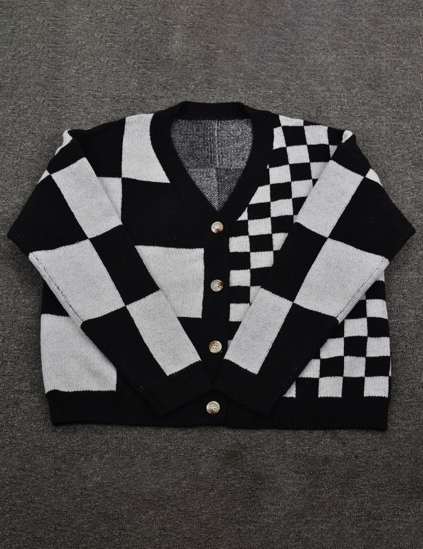 Black Checkered Print Knit Button Cardigan