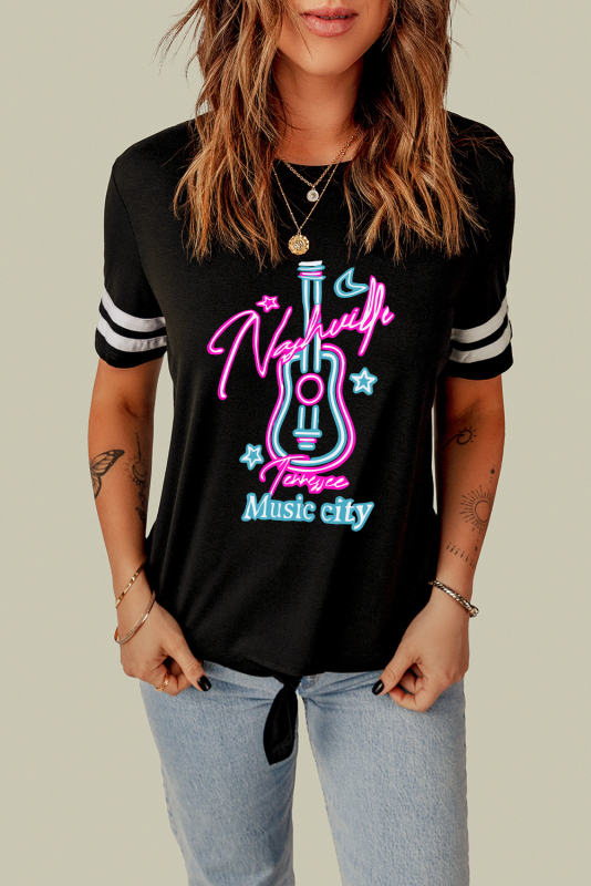 Black Mommy and Me Music City Guitar Print Striped Sleeve T Shirt