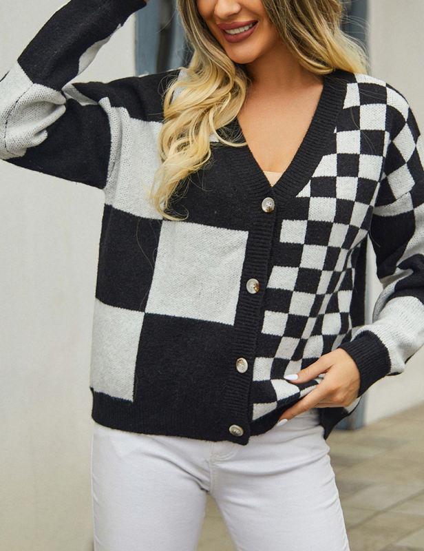 Black Checkered Print Knit Button Cardigan