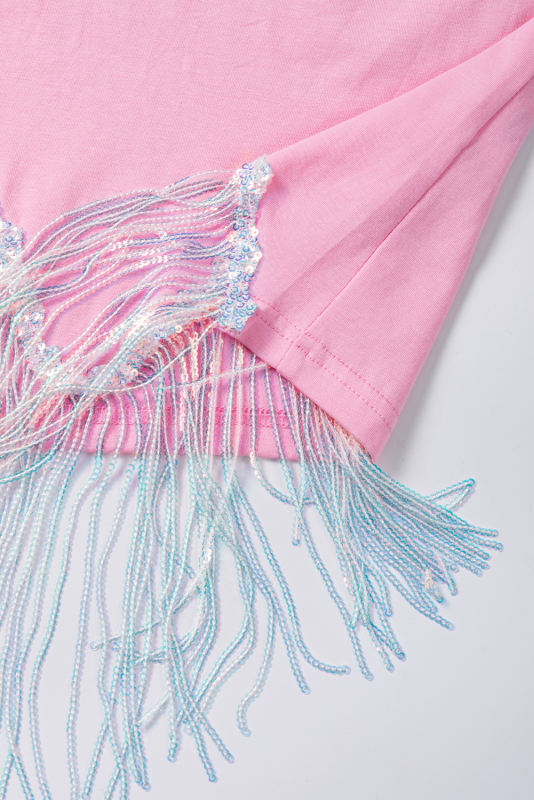 Pink COWBOY Western Fashion Print Sequin Fringed Hem Tee