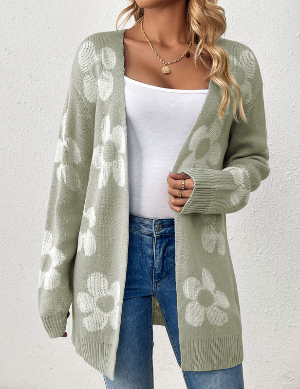 Green Contrast Floral Loose Fit Knit Cardigan