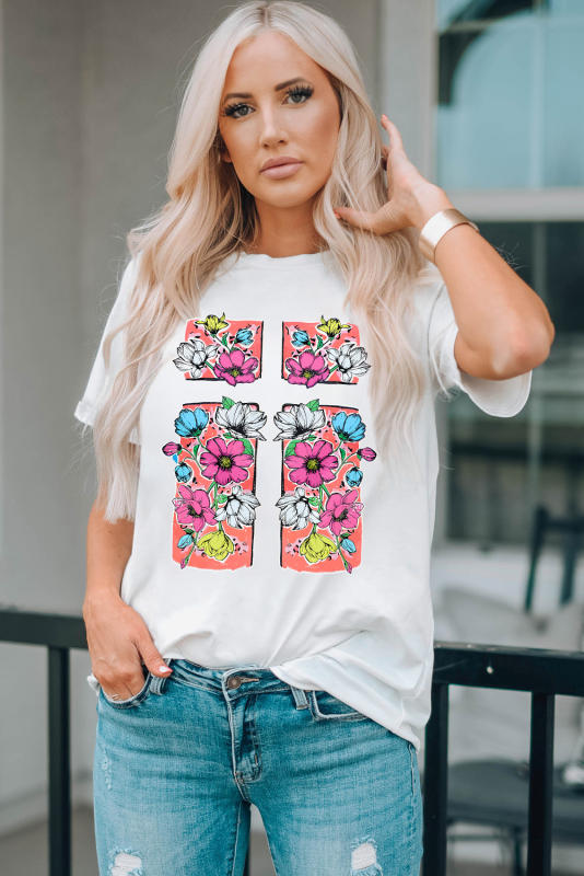 White Floral Crossed Graphic Easter Round Neck T Shirt
