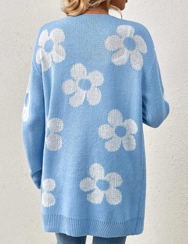 Blue Contrast Floral Loose Fit Knit Cardigan