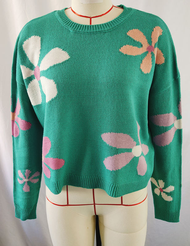 Blue-Green Sweet Floral Pullover Knit Sweater