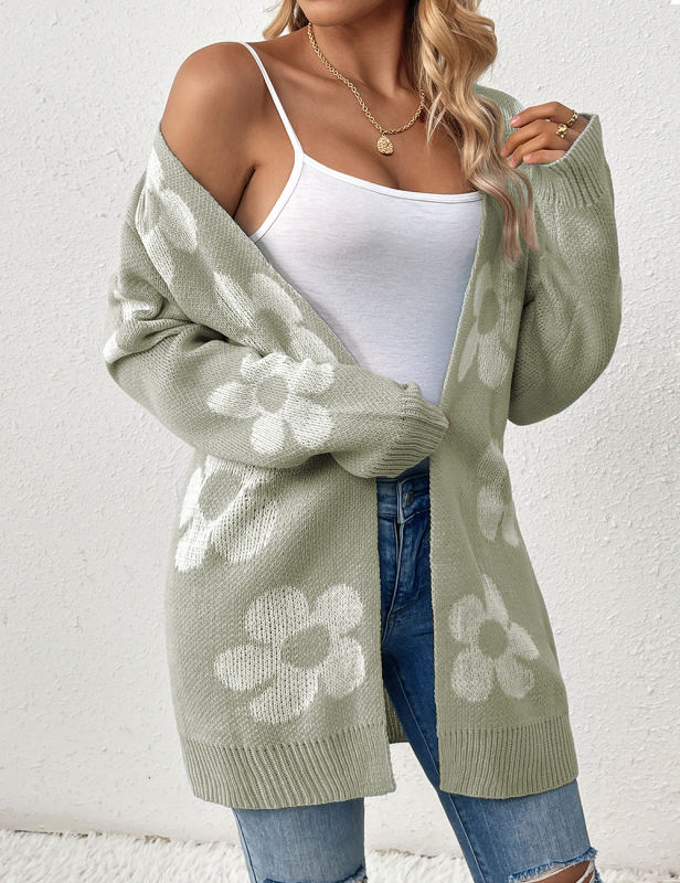 Green Contrast Floral Loose Fit Knit Cardigan