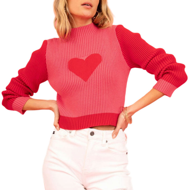 Red Colorblock Mock Neck Heart Knit Sweater