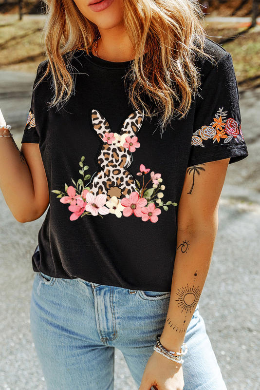 Black Easter Bunny Flower Embroidered Crew Neck T Shirt