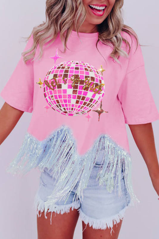 Pink Disco Ball Sequin Asymmetric Fringed Crewneck T Shirt