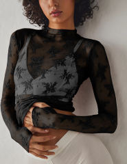 Black Jacquard Lace Mesh Long Sleeve Tops