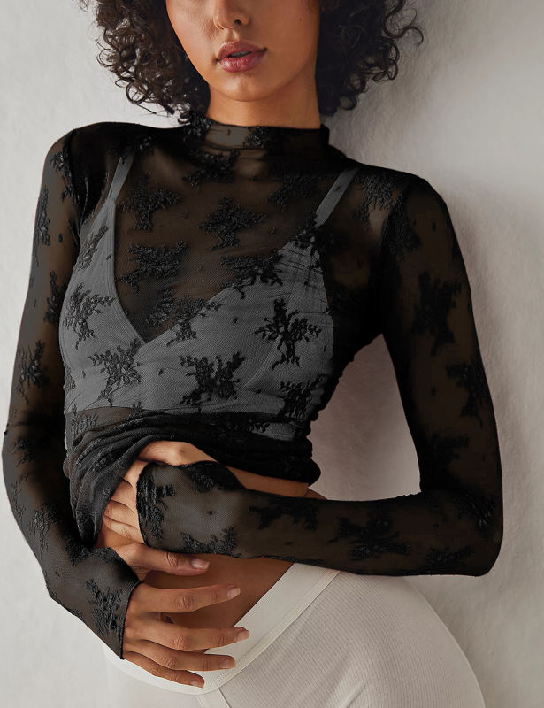 Black Jacquard Lace Mesh Long Sleeve Tops