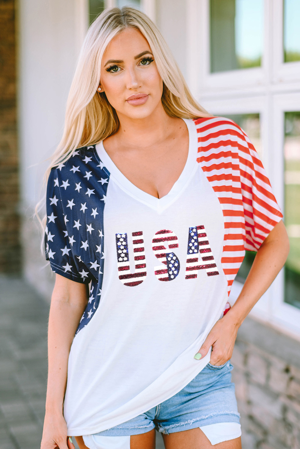 USA Flag Lurex Embroidery Tee - Off White