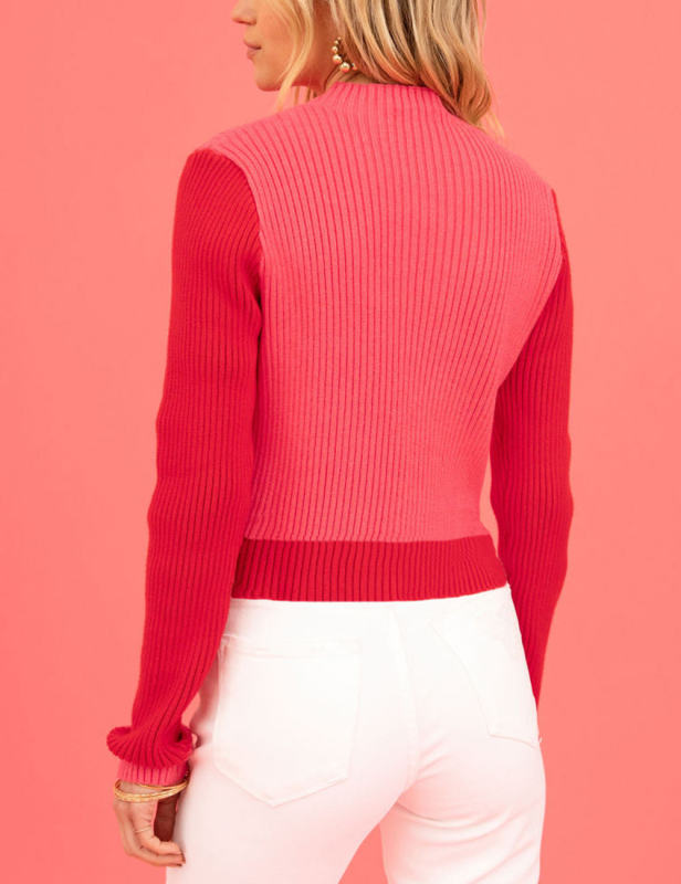Red Colorblock Mock Neck Heart Knit Sweater