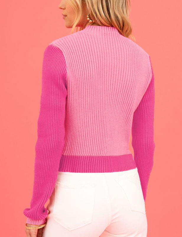 Rosy Colorblock Mock Neck Heart Knit Sweater