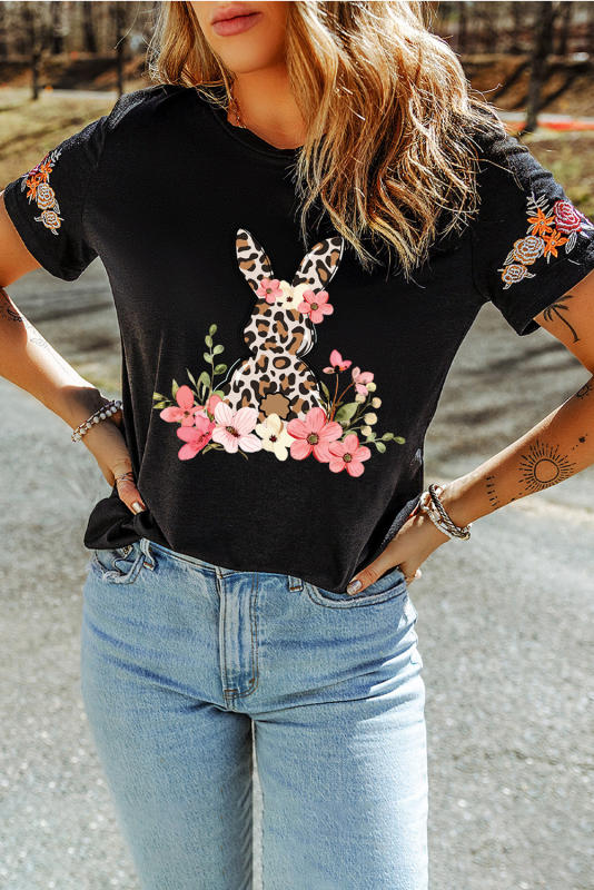 Black Easter Bunny Flower Embroidered Crew Neck T Shirt