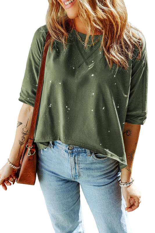 Green Distressed Bleached Asymmetric Hem Short Sleeve Top