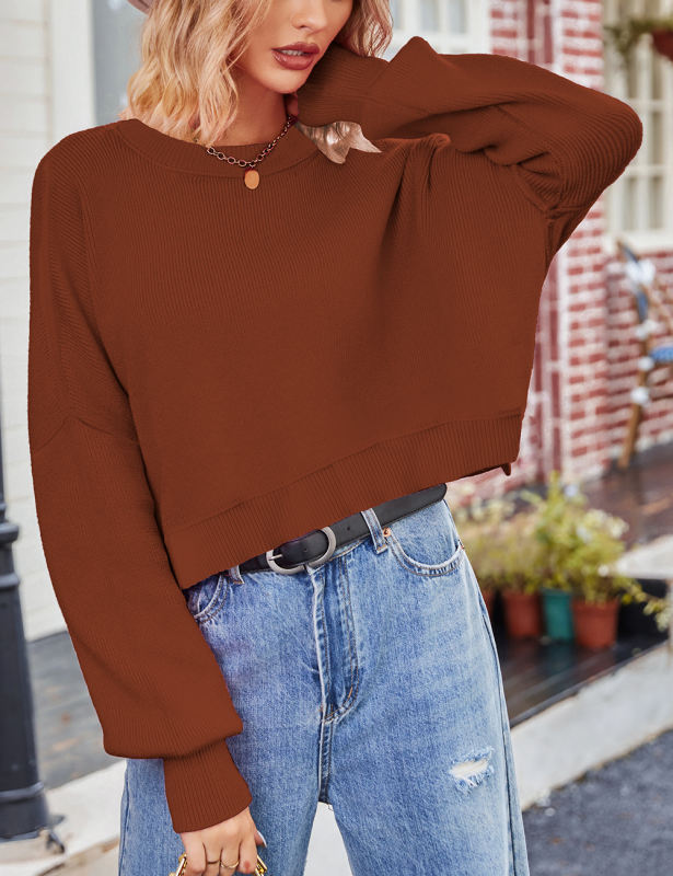 Rust Red Ribbed Hem Loose Fit Knit Sweater