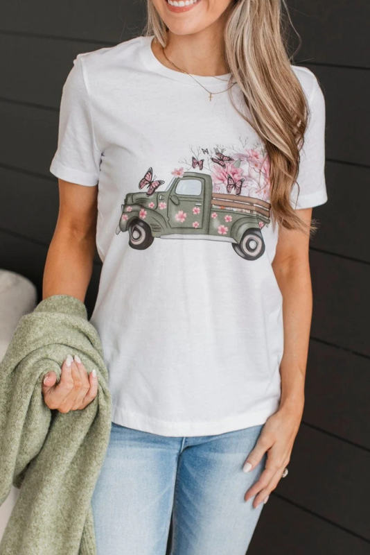 White Butterfly Floral Print Truck Print Crew Neck T Shirt