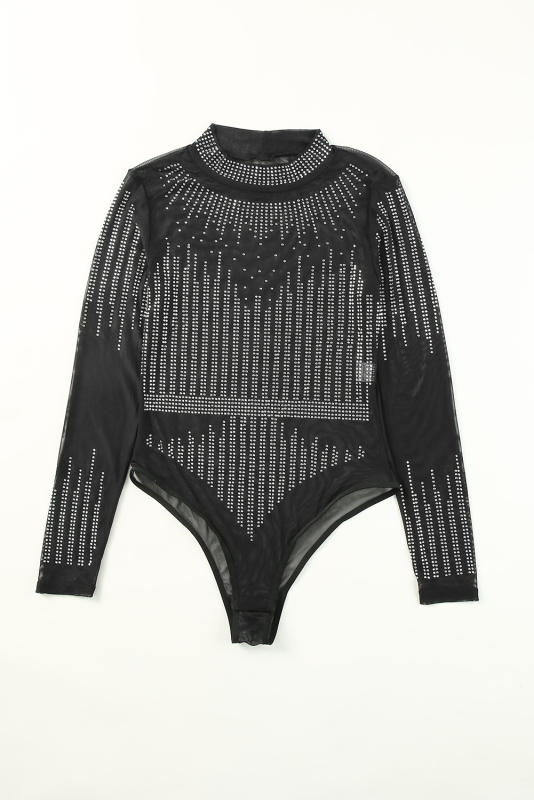 Black Rhinestone Sheer Mesh Long Sleeve Bodysuit LC6421126-2