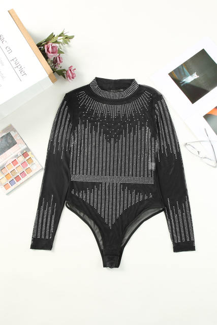Black Rhinestone Sheer Mesh Long Sleeve Bodysuit LC6421126-2