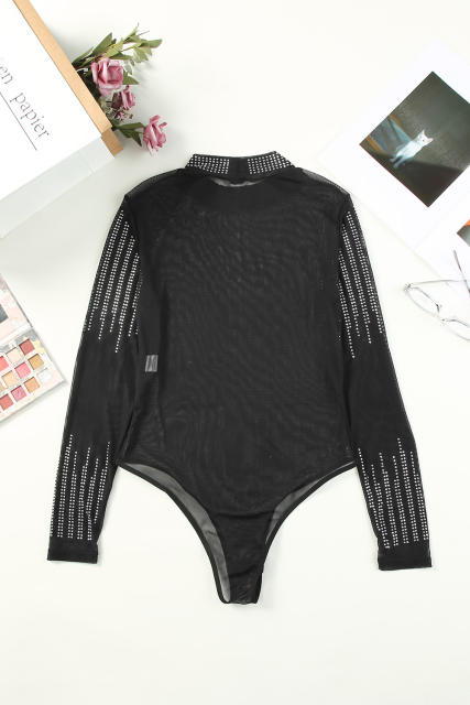Black Rhinestone Sheer Mesh Long Sleeve Bodysuit LC6421126-2