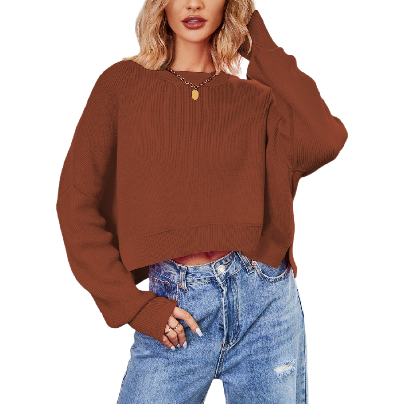Rust Red Ribbed Hem Loose Fit Knit Sweater