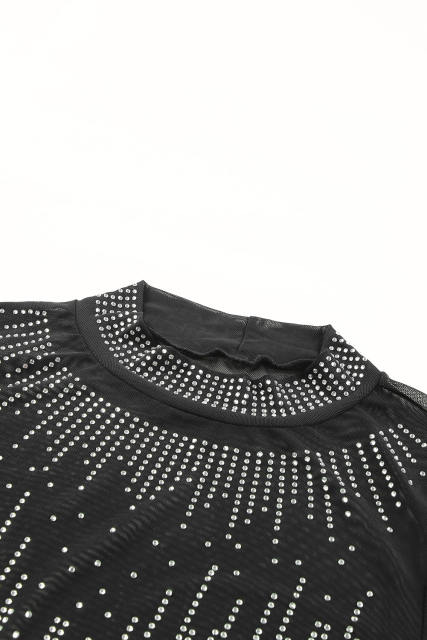 Black Rhinestone Sheer Mesh Long Sleeve Bodysuit LC6421126-2