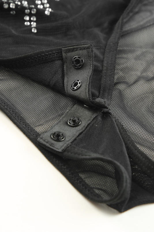 Black Rhinestone Sheer Mesh Long Sleeve Bodysuit LC6421126-2