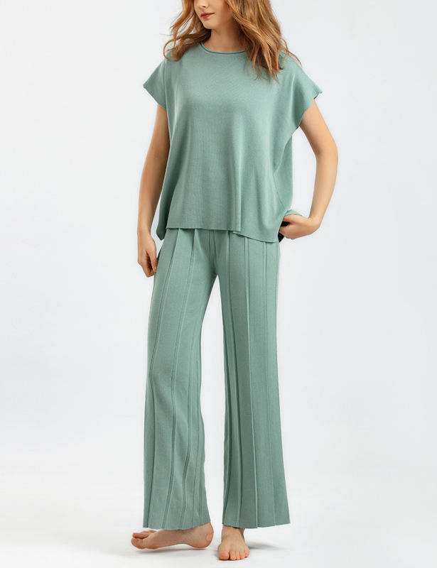 Pea Green Knitted Sleeveless Top and Wide Leg Pant Set