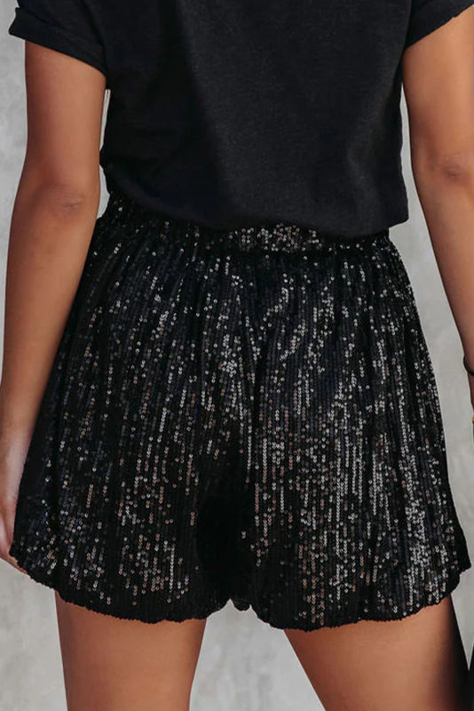 Black Sequin Straight Leg High Waist Casual Shorts