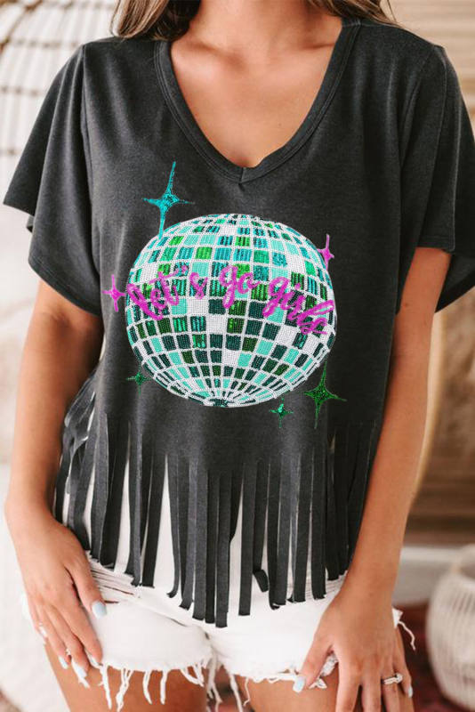 Black Sequined Disco Ball Fringed V Neck T Shirt