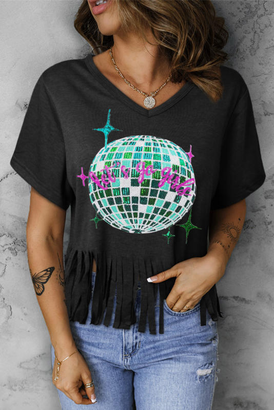 Black Sequined Disco Ball Fringed V Neck T Shirt