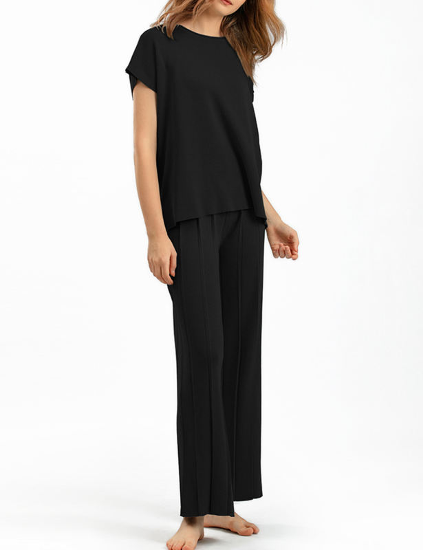 Black Knitted Sleeveless Top and Wide Leg Pant Set