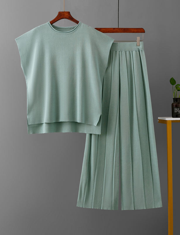 Pea Green Knitted Sleeveless Top and Wide Leg Pant Set