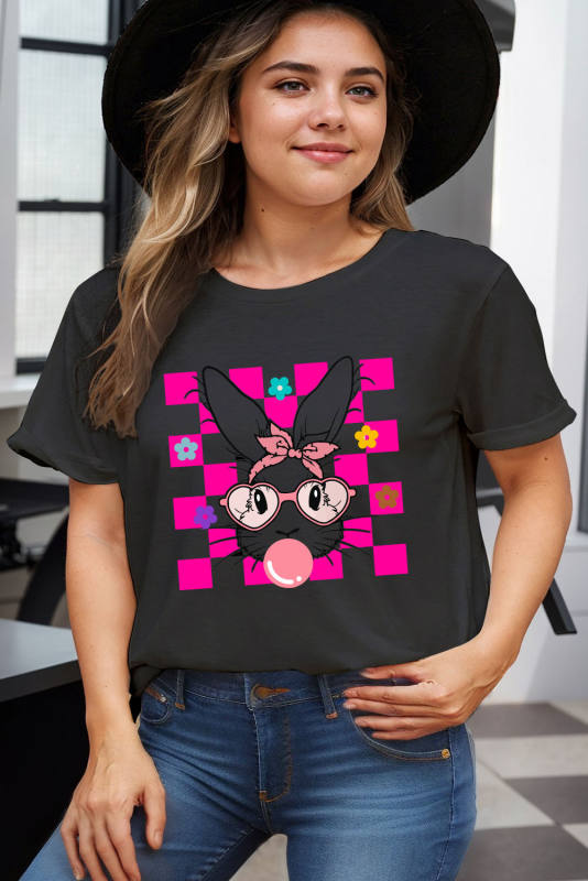 Black Bubblegum Easter Rabbit Checker Flower Graphic Plus Tee