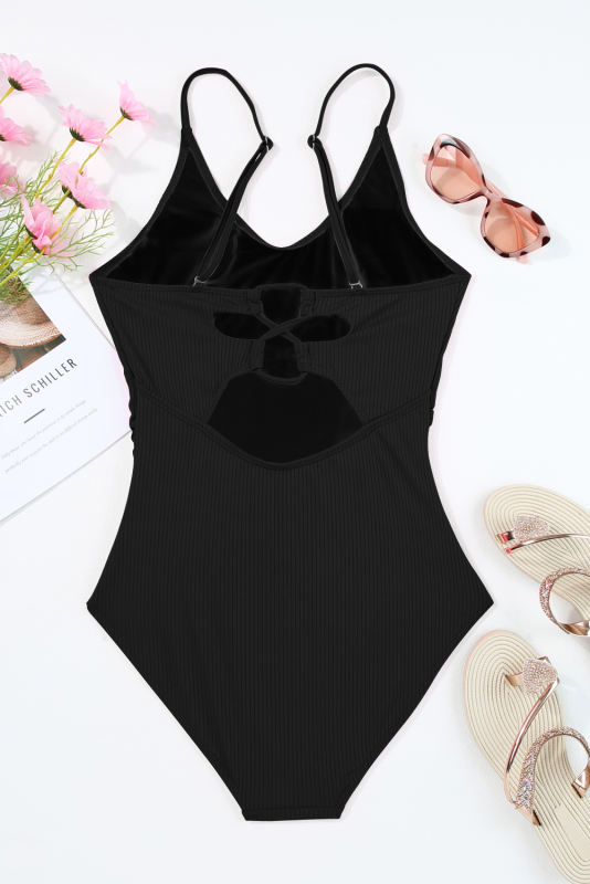 Black Ribbed Textured Scoop Neck One Piece Swimsuit