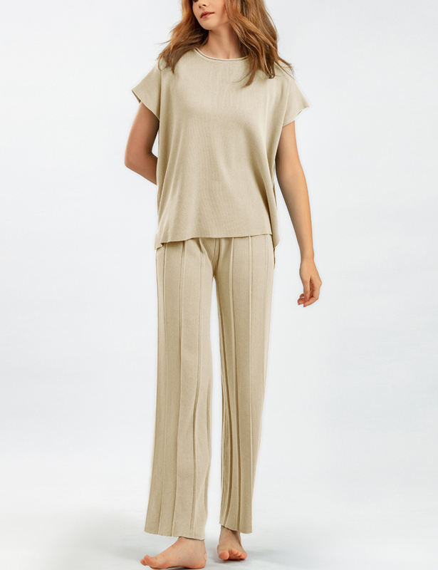 Apricot Knitted Sleeveless Top and Wide Leg Pant Set