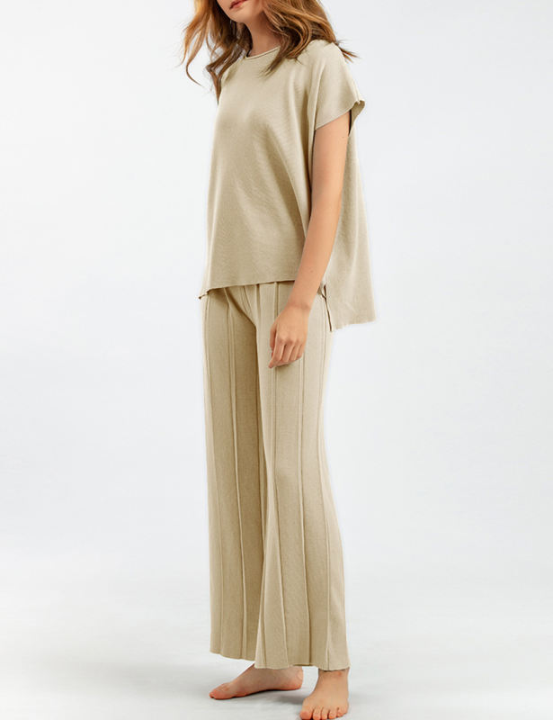 Apricot Knitted Sleeveless Top and Wide Leg Pant Set