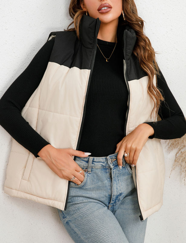Black White Full Zip Sleeveless Vest Jacket