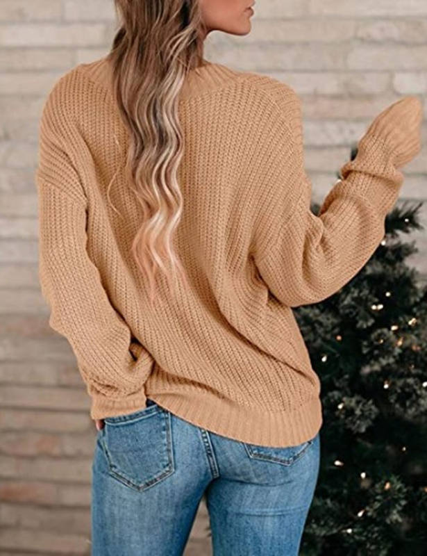 Khaki Knitted V Neck Pullover Sweater