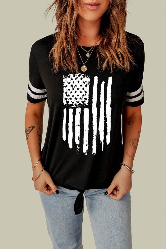 Black American Flag Graphic Varsity Striped Sleeve Knot T Shirt