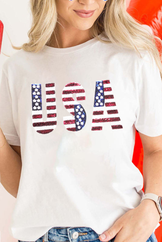 White USA Flag Sequin Patched Round Neck T Shirt