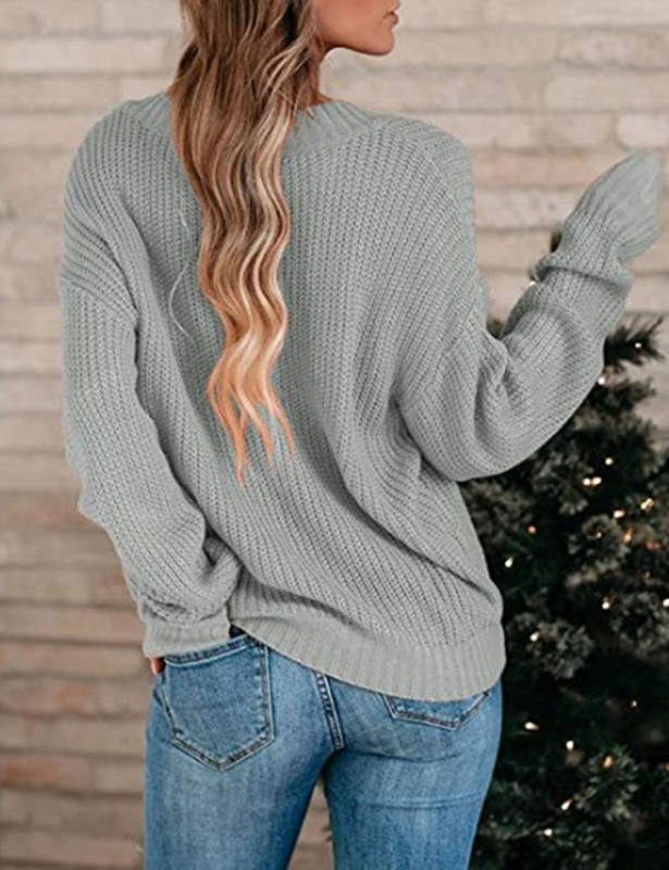Grey Knitted V Neck Pullover Sweater