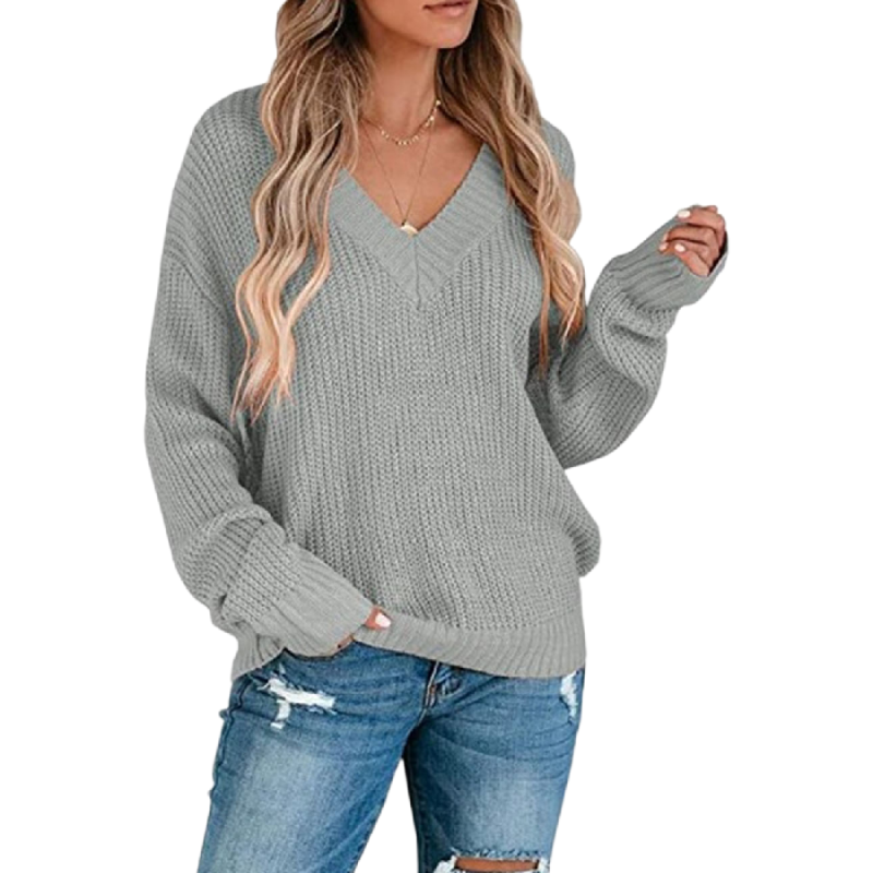 Grey Knitted V Neck Pullover Sweater