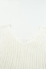 White Hollowed Knit V Neck Tank Top